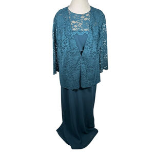 Alex Evenings Dress & Jacket Teal Blue Lace Tier Front A-Line Party Size 18W